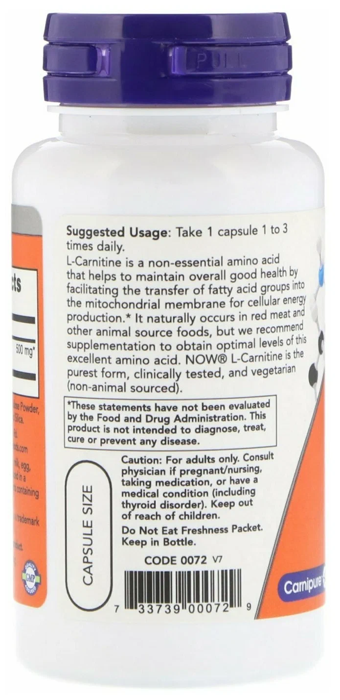 NOW Foods, L-карнитин, 500 мг, 60 растительных капсул
