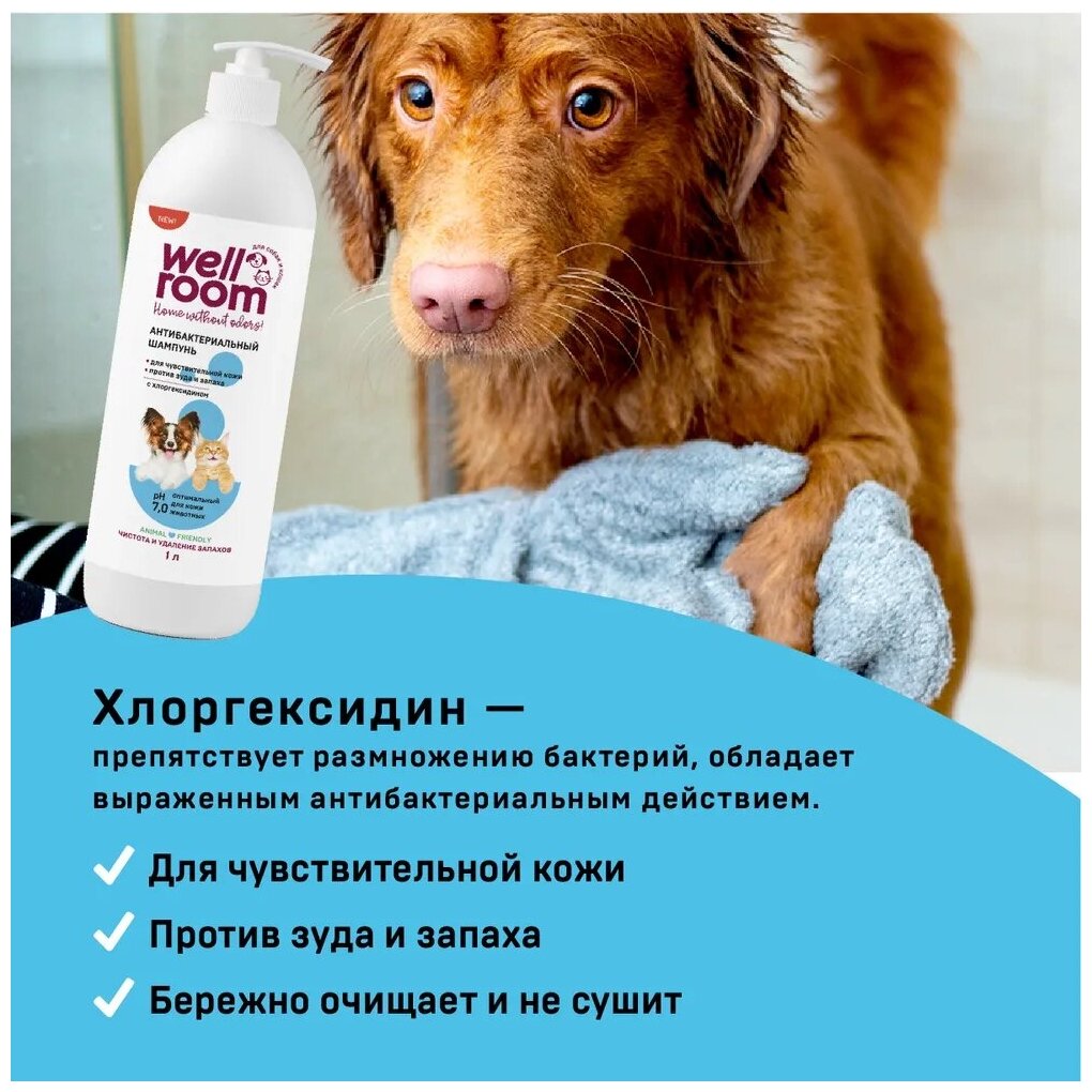Универсальный антибактериальный шампунь для кошек и собак с хлоргексидином Wellroom 1 литр - фотография № 4