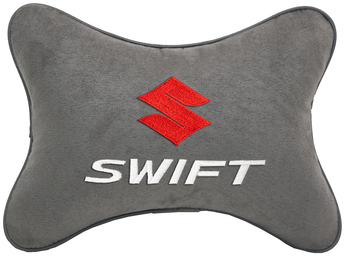 Автомобильная подушка на подголовник алькантара L.Grey с логотипом автомобиля SUZUKI SWIFT