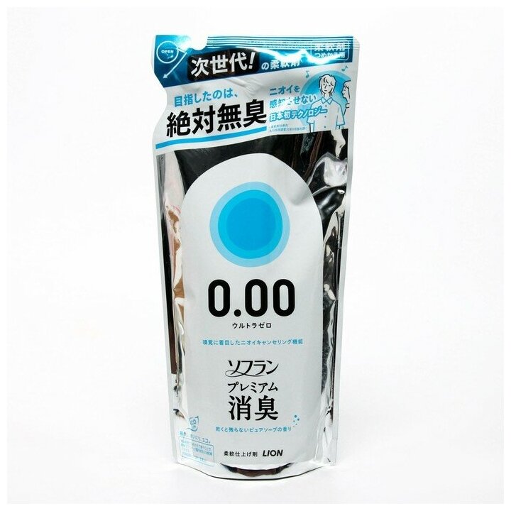 Lion Soflan Premium Deodorizer Zero Кондиционер для белья защищающий от неприятного запаха, аромат чистоты и мыла, мягкая упаковка, 400 мл
