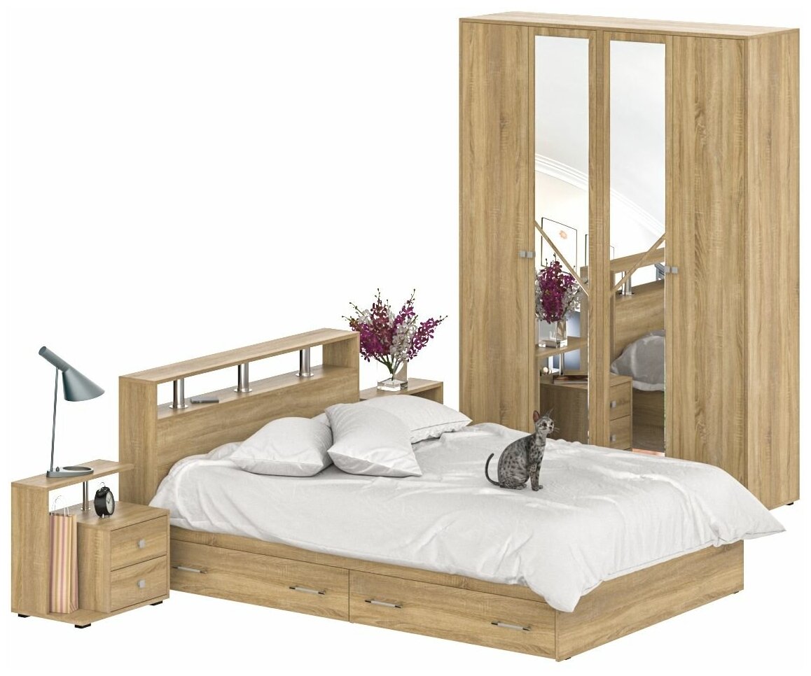 Мебель для спальни Камелия № 8 Кровать с ящиками 1400, цвет дуб сонома, спальное место 1400х2000 мм, основание есть, без матраса