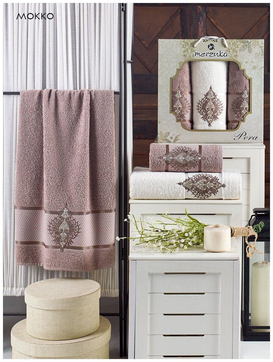 фото Комплект полотенец MERZUKA махра в коробке (50x90/2)(70х140/1) 3 шт. PERA, светло-розовый ; Набор из 3 штук