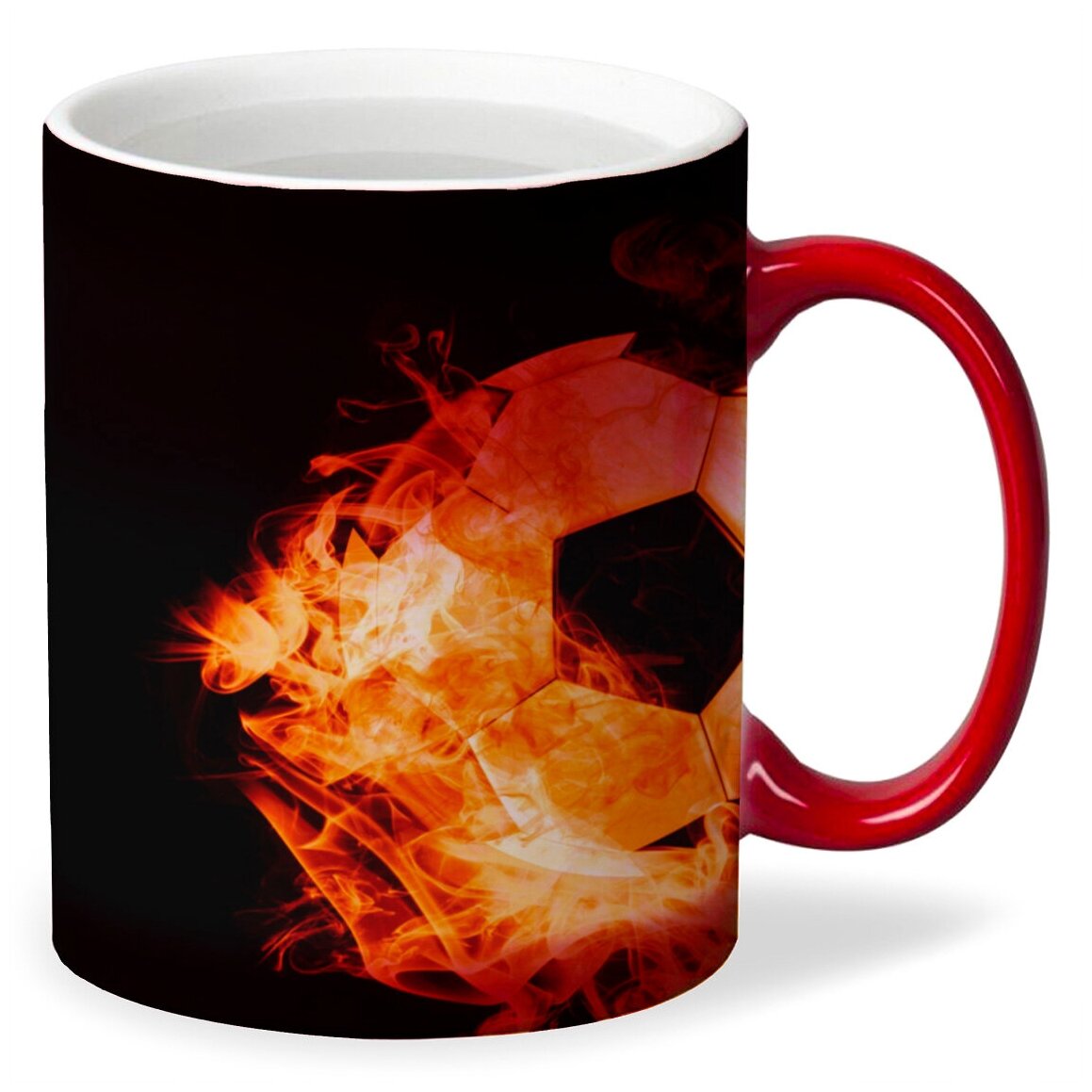 Кружка хамелеон красный CoolPodarok Футбол Футбольный мяч в огне Чёрный фон