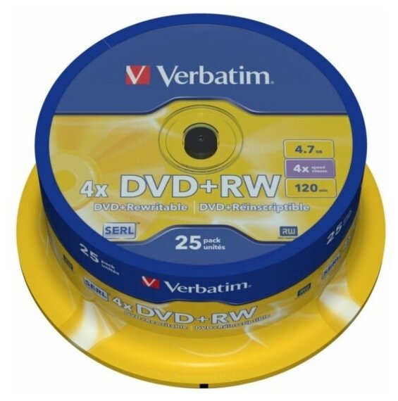 Диск Verbatim DVD+RW 4.7Gb 4x Cake Box (25шт) (43489)