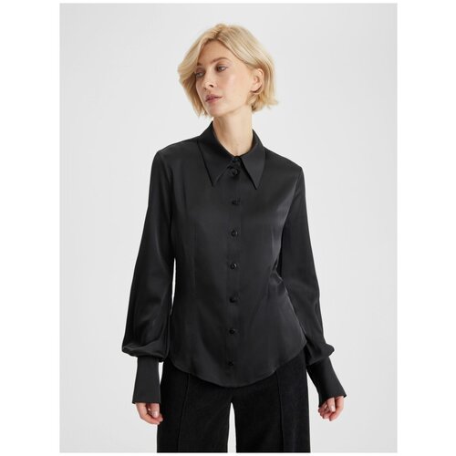 фото Блуза nerrro, классический стиль, полуприлегающий силуэт, длинный рукав, однотонная, размер 46 (m), черный