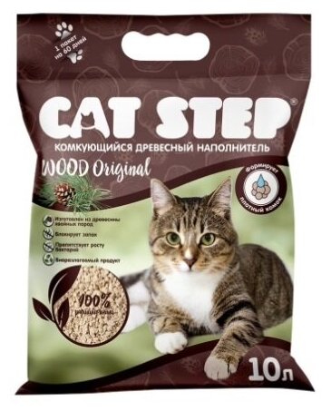 CAT STEP WOOD ORIGINAL наполнитель древесный комкующийся для кошачьего туалета (10 л) - фотография № 5