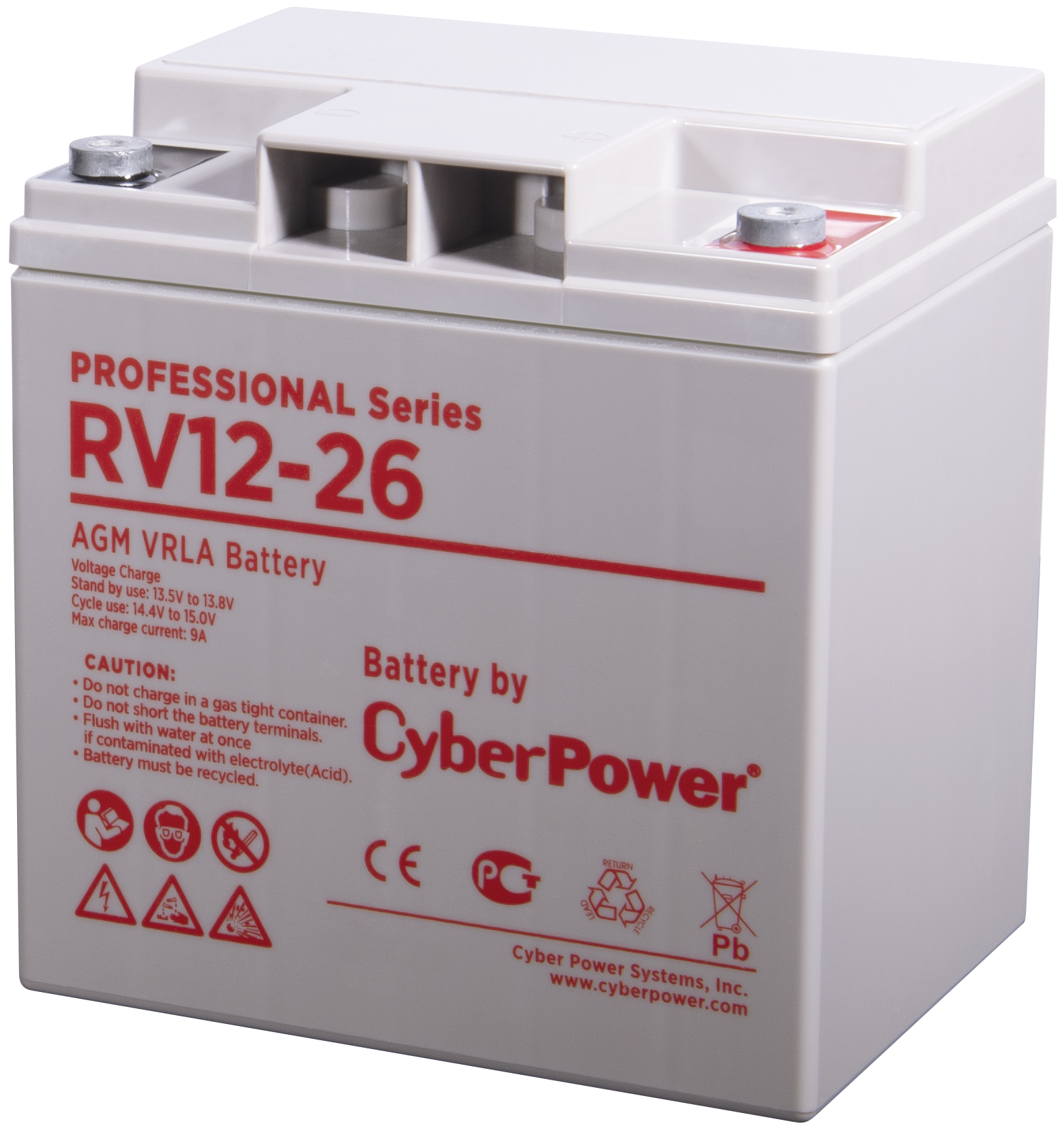 Батарея CyberPower Battery Professional series RV 12-26, voltage 12V, capacity (discharge 20 h) 30.4Ah, capacity (discharge 10 h) 30Ah, max. discharge current (5 sec) 600A, max. charge current 9A, lead-acid type AGM, terminals under bolt M6, LxWxH 166x128x175mm., full heigh