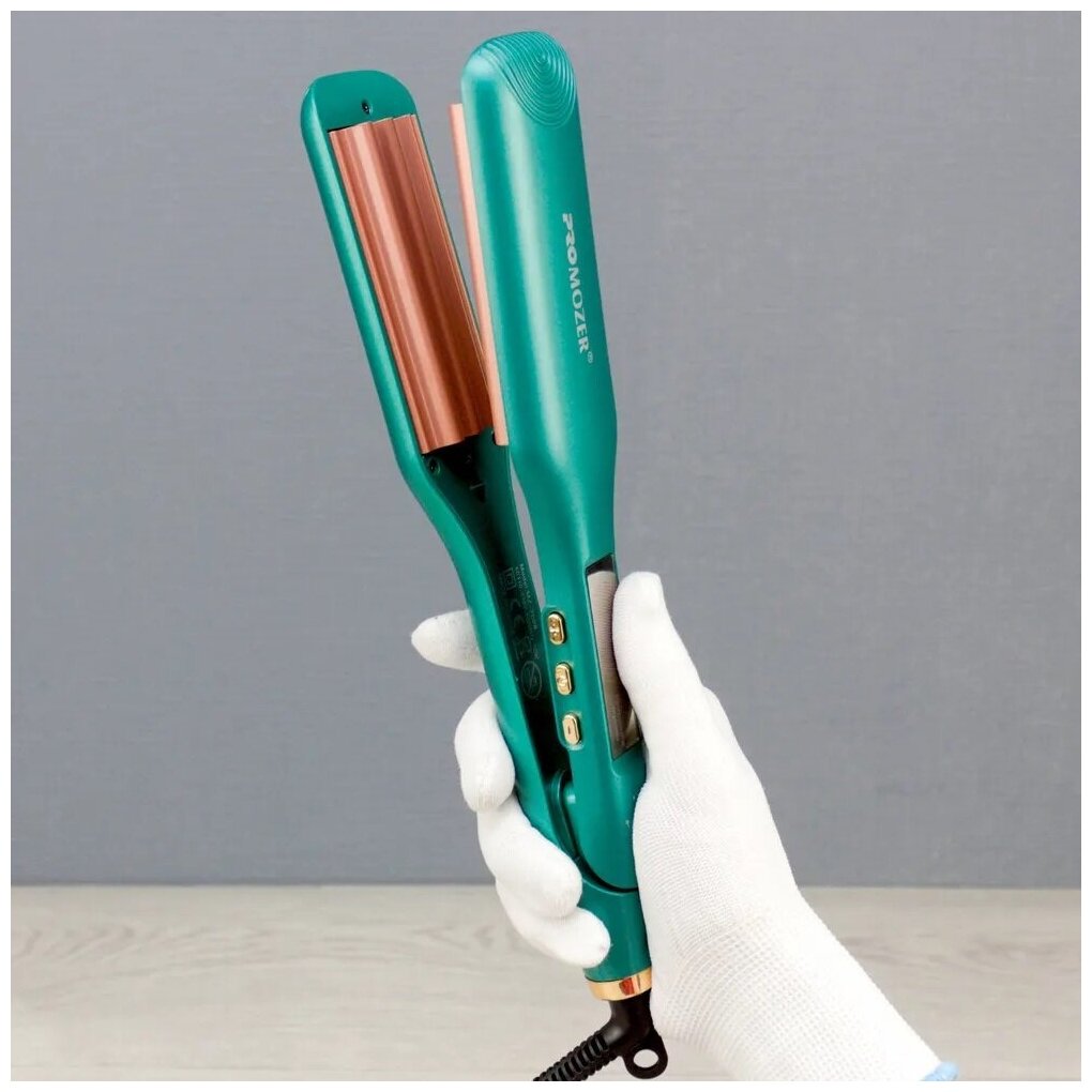 Щипцы-гофре для прикорневого объема волос ProMozer MZ-7098/керамическое покрытие полотен/LED индикатор и регулировка температуры 100-230 C/зеленые - фотография № 1