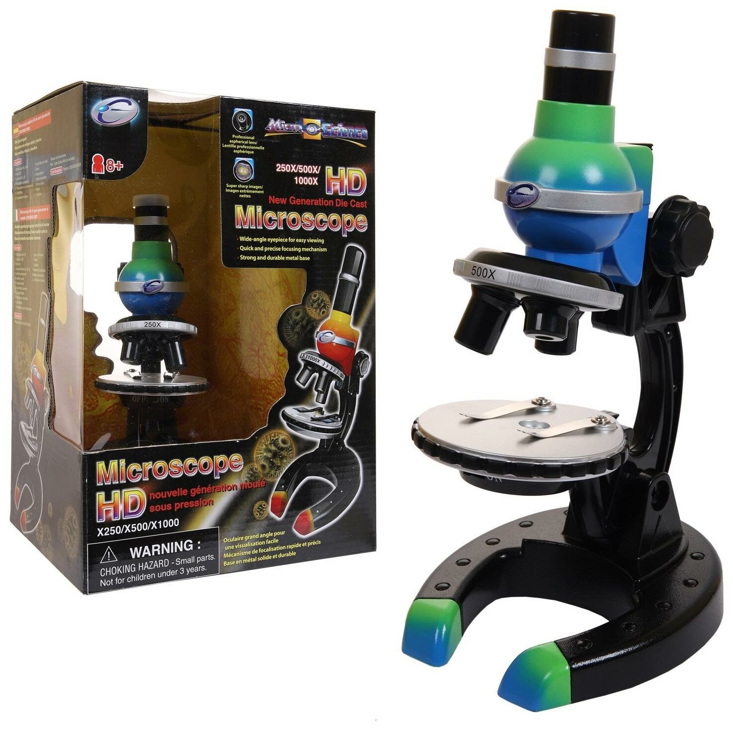 Микроскоп нового поколения, увеличение 250х500х1000, цвет сине-зеленый, в наборе 59 предметов