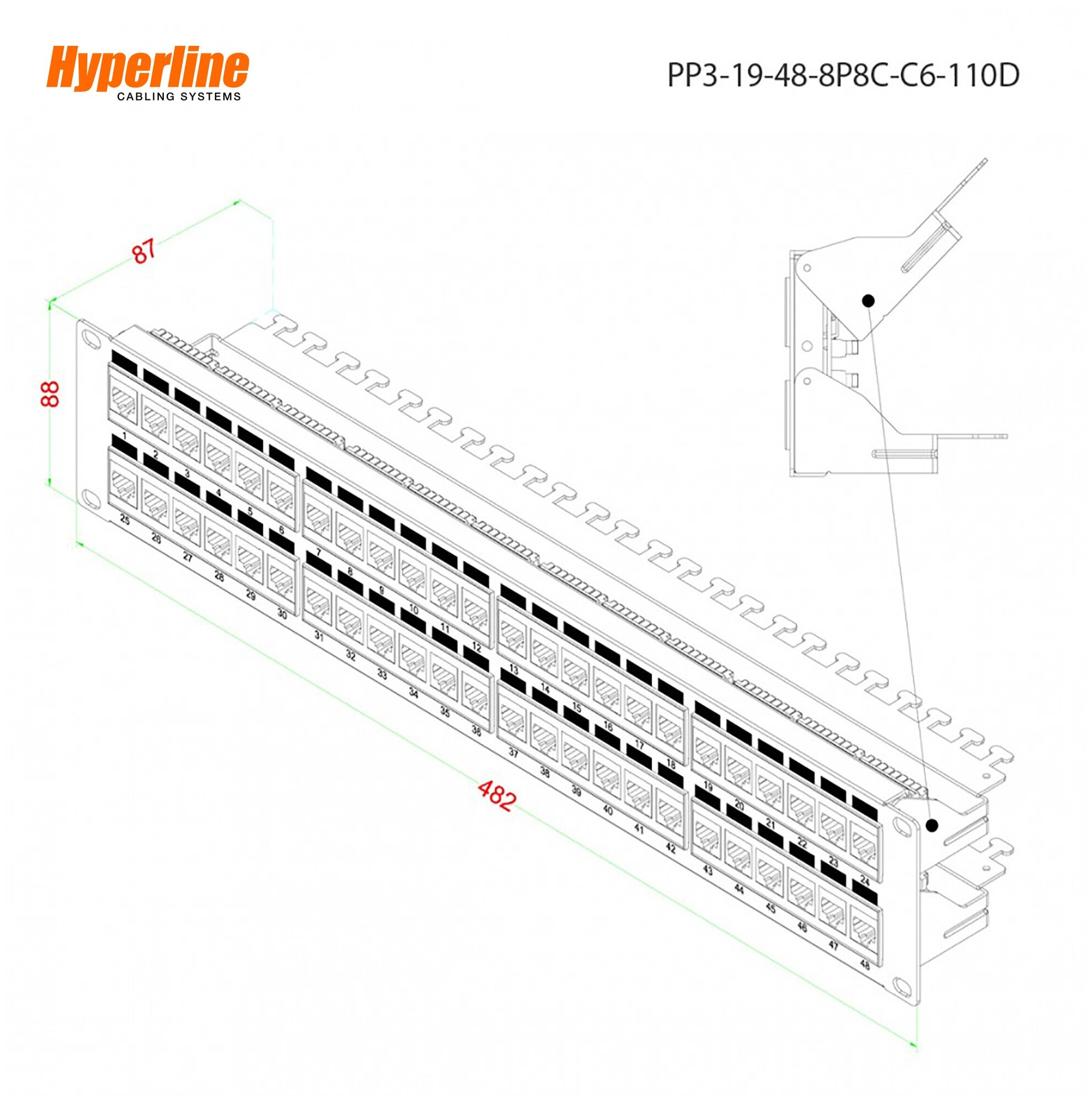 Патч-панель 19" Hyperline, 2U, 48 портов RJ-45, категория 6, Dual IDC, ROHS, цвет черный (задний кабельный организатор в комплекте) - фото №5