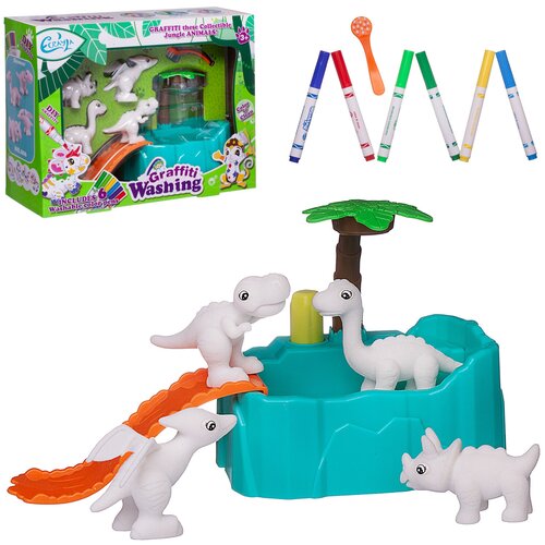 Набор для творчества Junfa Фигурки для раскраски Динозаврики в бассейне с душем 4 фигурки для раскраски 6 фломастеров щетка раскраска в коробке WK-19012 2515₽