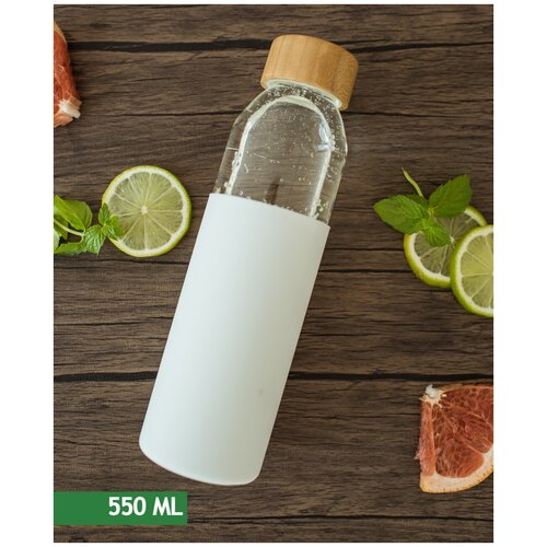 Бутылка для воды стеклянная с белым силиконовым чехлом, с бамбуковой крышкой 550мл