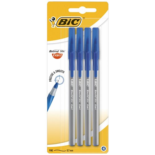 Ручки шариковые с грипом BIC Round Stic Exact, набор 4 шт, синие, линия письма 0,28 мм, блистер, 932857 Комплект - 5 шт.