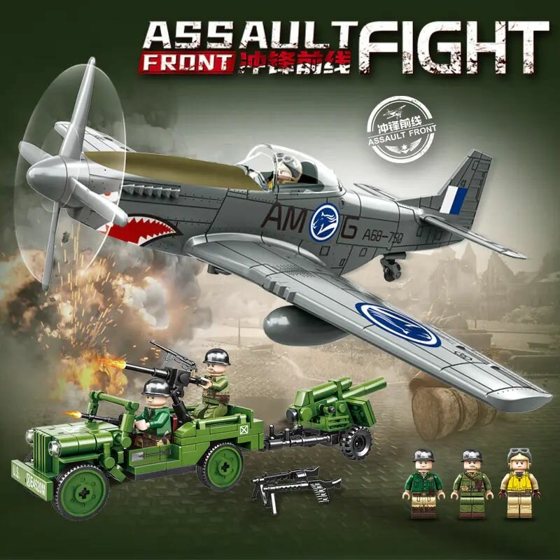 Конструктор MEILIAN Истрибитель P-51 Mustang, и Джип Willys, 601 деталей, 3 минифигурки