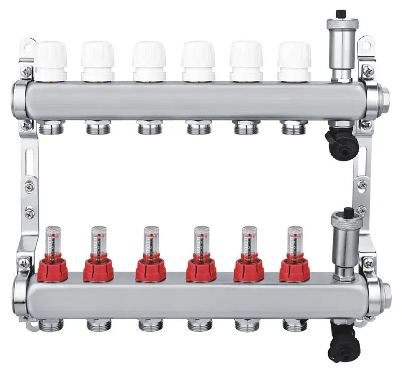 Коллекторная группа с расходомерами Спец 1"x3/4" на 6 выходов нержавеющая сталь
