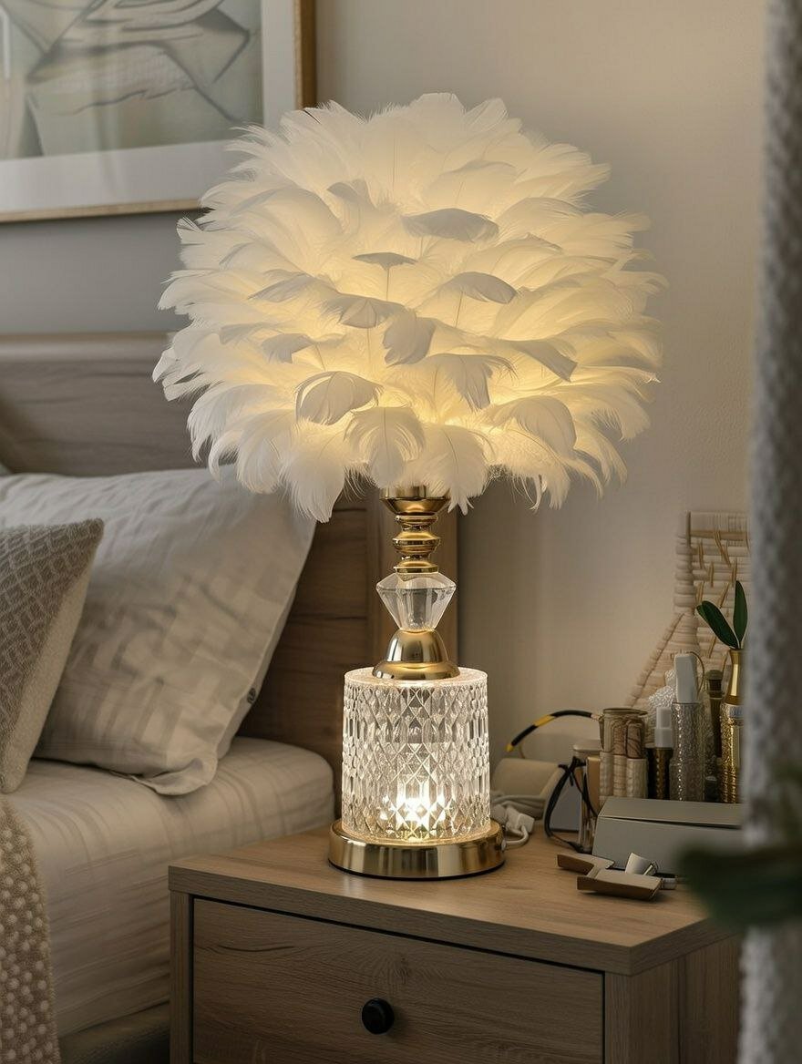 Настольная лампа с перьевым абажуром, стеклянный корпус, декоративный светильник для спальни