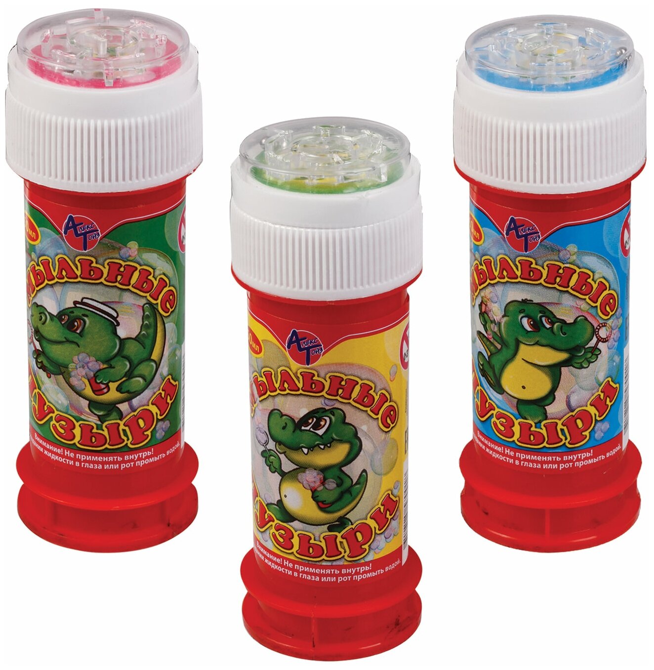 Мыльные пузыри "Крокодил" с игрушкой на крышке, комплект 36 шт, 50 мл, дисплей 36 шт, алекс тойз, 15010