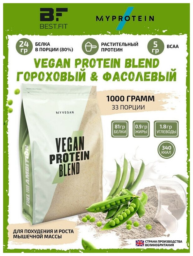 Растительный протеин Myprotein Vegan Protein Blend 1кг / Комплексный белок из гороха и фасоли / Для похудения и набора мышечной массы, женщин и мужчин