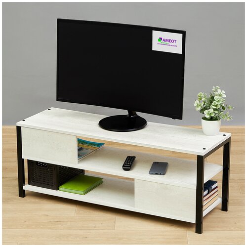 Тумба под телевизор на металлических опорах Одини 1С ш104/г34/в41 сосна битон белая/черная