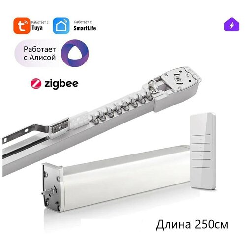 Новый Умный карниз c аккумулятором для Алисы Zigbee + RF: мотор + пульт + карниз 2.5 метра, 6 способов открытия штор в одну или разные стороны!