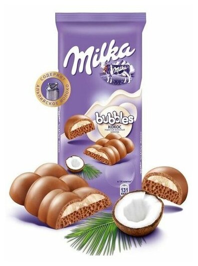 Шоколад Milka Bubbles Молочный пористый c кокосовой начинкой 92г - фото №5