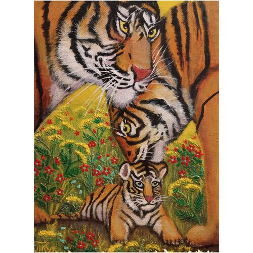 Картина маслом на льняном холсте.30Х40. Тигры в поле.