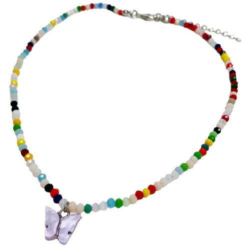 фото Ожерелье с бабочкой. короткие бусы из стекла, сияющее разноцветное ожерелье с лавандовой бабочкой acfox