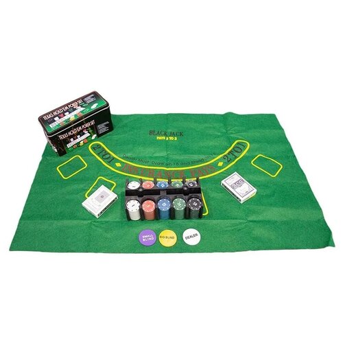 Набор для покера на 200 фишек из пластика с номиналом от 1 до 50 с зеленым сукном, 2 колодами пластиковых карт, фишками дилера и блайндов