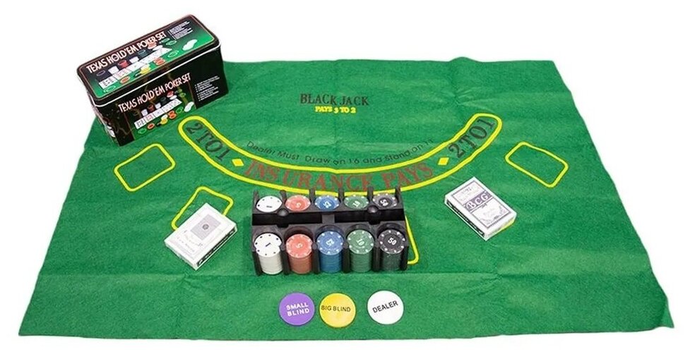 Gamesfamily Набор для покера на 200 фишек из пластика с номиналом от 1 до 50 с зеленым сукном, 2 колодами пластиковых карт, фишками дилера и блайндов