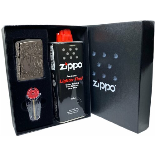 Подарочный набор ZIPPO ( Зажигалка ZIPPO 49689 Armor Wicca Design, чёрная, с покрытием Black Ice + кремни + топливо, 125 мл )