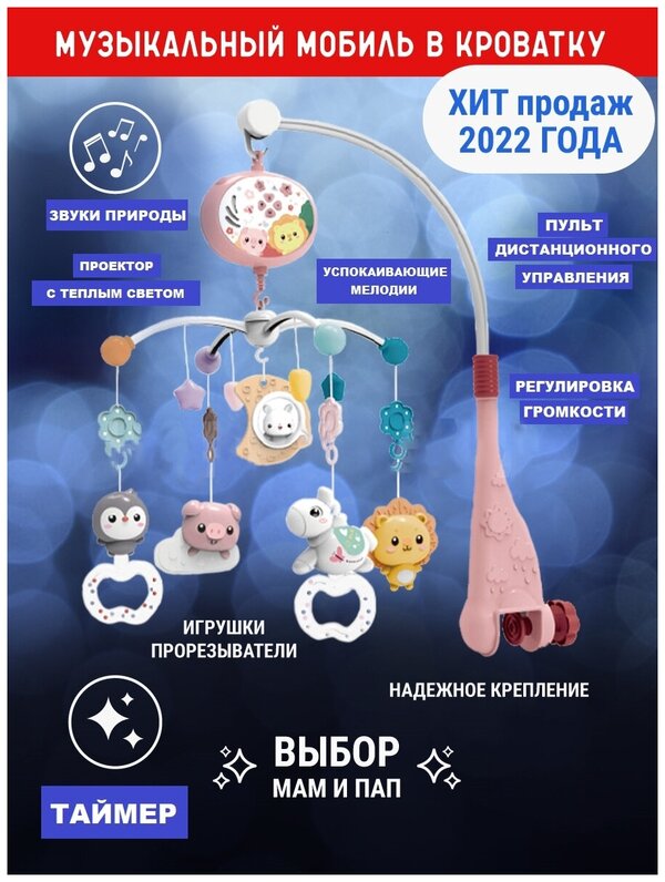 Детский музыкальный мобиль на кроватку с проектором на пульте ДУ, ТМ Тимоша