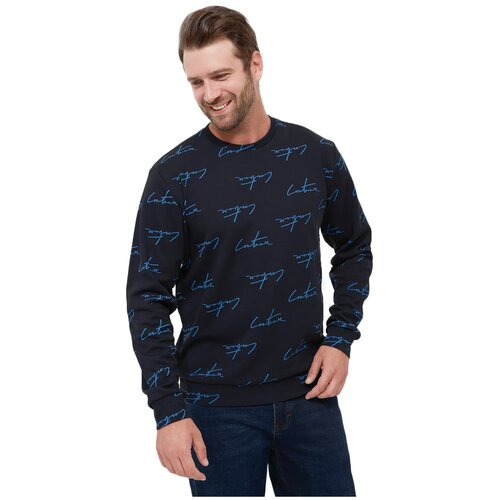 Джемпер, свитшот, свитер мужской, трикотажный, хлопковый с принтом. Цвет: синий. Размер 56.