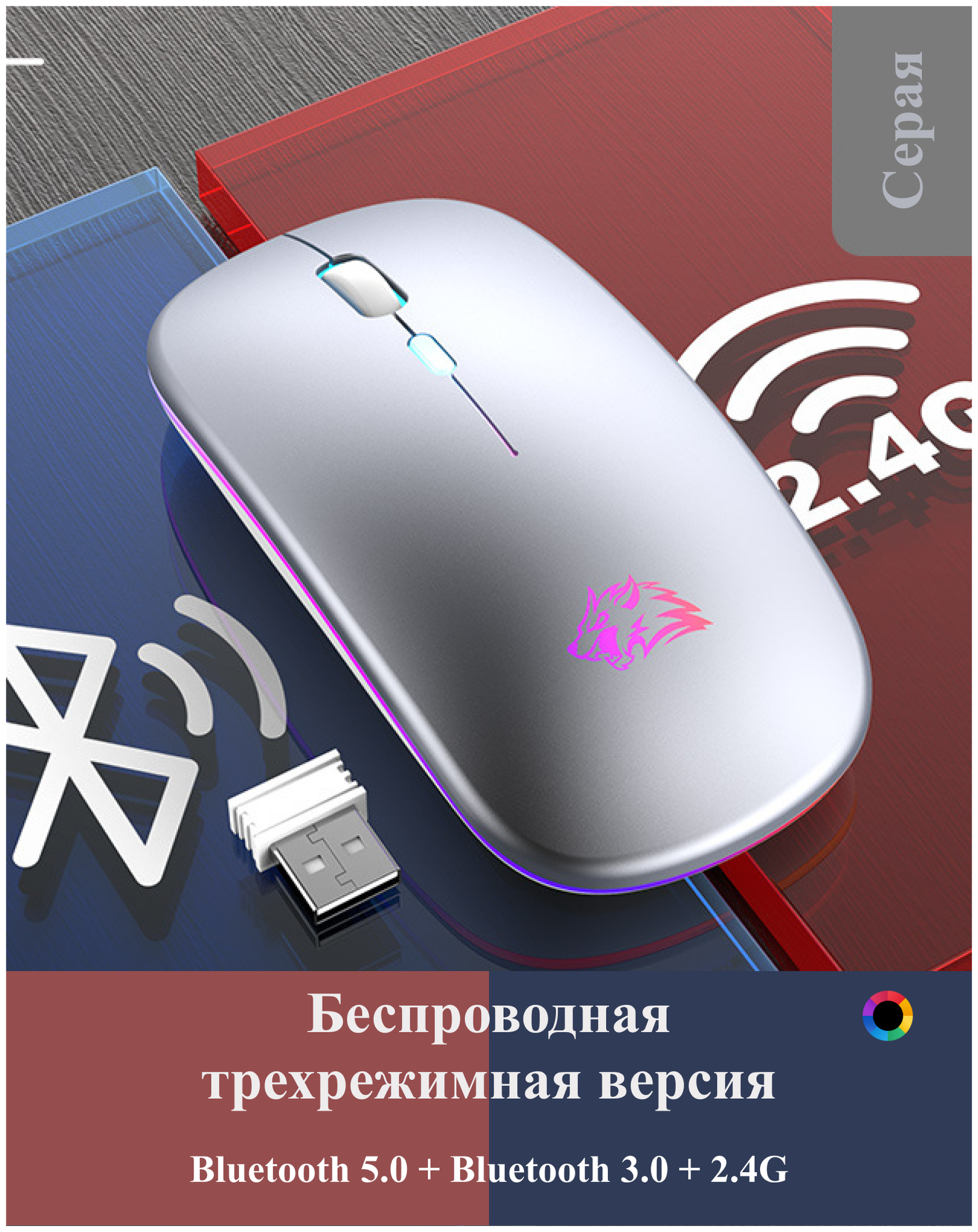 Мышь беспроводная НОВАЯ МОДЕЛЬ Аккумуляторная 3 режима DPI (1000/1200/1600) Bluetooth 5.0 + 3.0 + USB 2.4Ghz Мышка для компьютера компьютерная RGB