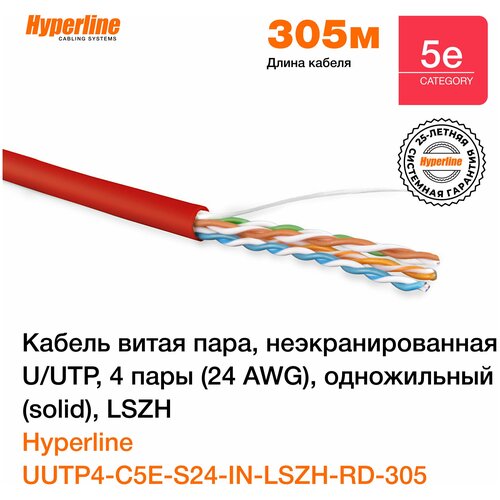 Кабель витая пара Hyperline UUTP4-C5E-S24-IN-LSZH-RD-305 (305 м) , неэкранированная U/UTP, категория 5e, 4 пары (24 AWG), одножильный (solid), LSZH кабель hyperline uutp4 c5e s24 in lszh 305 м красный