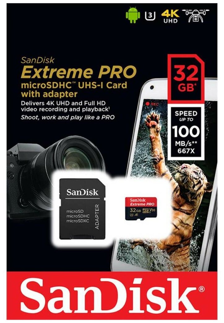 Карта памяти SanDisk Extreme Pro Micro SDHC + SD Adapter, 32 Гб