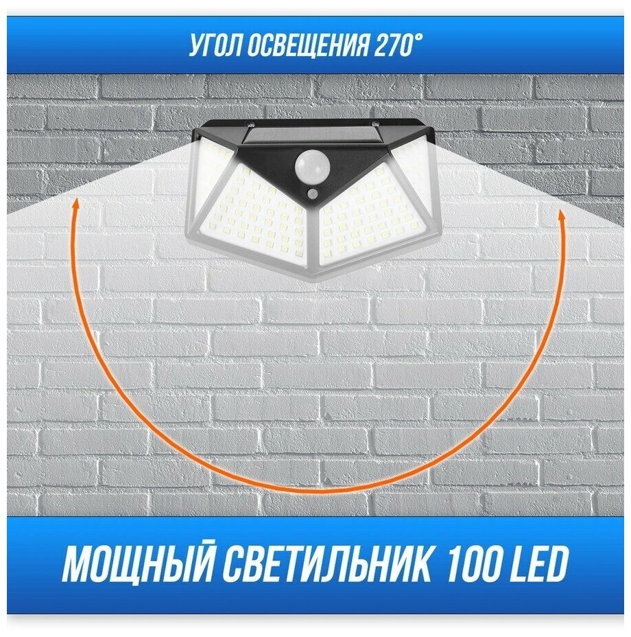 Уличный светодиодный фонарь 100 LED на солнечной батареи с датчиком движения на стену дома