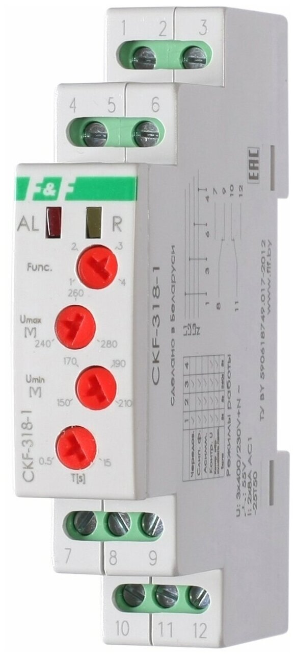 Евроавтоматика F&F Реле контроля наличия и чередования фаз CKF-318-1 (контроль чередования; слипания фаз; регулировка верх. и нижн. порога напряжения; регулировка задержки отключения; 1 модуль; монтаж на DIN-рейке)(аналог РНПП-311М) F&F EA04.002.007