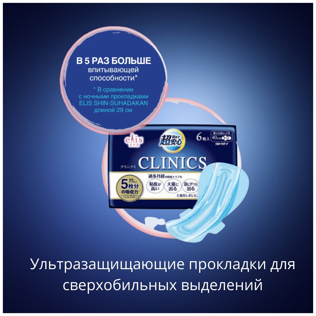 Прокладки гигиенические Elis Clinics при гиперменореи, 6+ капель, 6 шт, длина 40 см