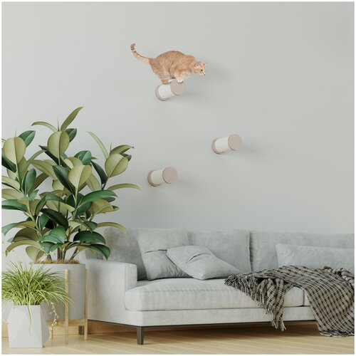 Настенная когтеточка для кошек из 3 столбиков ступеней, беленый дуб белый канат Catsby Family STEP