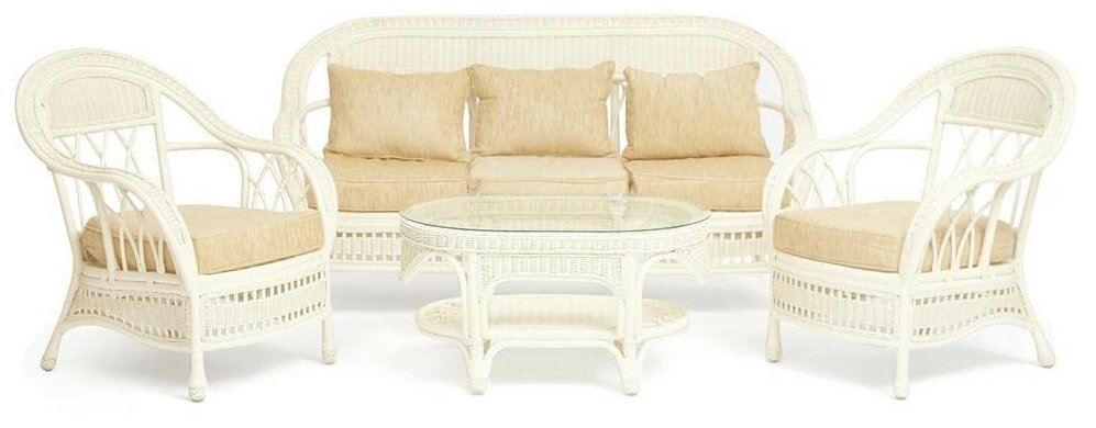 Комплект для отдыха TetChair "MICHELLE" ( стол со стеклом+ диван + 2 кресла + подушки), TCH White (белый), Ткань рубчик, цвет кремовый