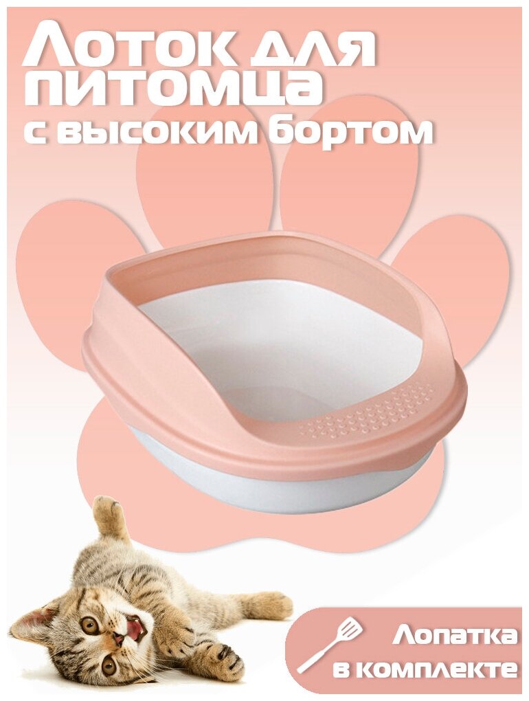 Туалет - лоток для кошек и собак мелких пород, пластиковый с высокими бортами и совком, 45х37 cм, объем – 8 л, розовый - фотография № 4
