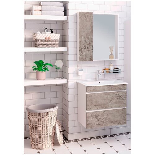 Мебель для ванной / Runo / Манхэттен 75 /серый бетон/ подвесной с умывальником Оскар 75 / тумба с раковиной / шкаф для ванной / зеркало для ванной