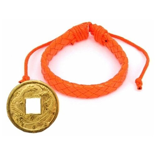 Плетёный кожаный браслет оберег, оранжевый неоновый + монета 