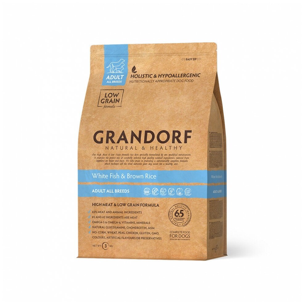 Сухой корм для собак Grandorf гипоаллергенный, Low Grain, белая рыба 1 уп. х 3 кг (для средних и крупных пород)