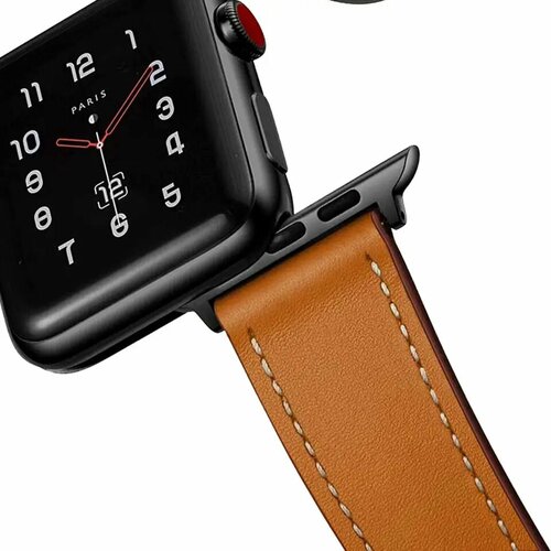 Кожаный ремешок для часов Apple Watch series 3-8 SE, в корпусах 42/44/45. Светло-Коричневый белая прострочка / Неrmеs Brown WL BF (Черная фурнитура)