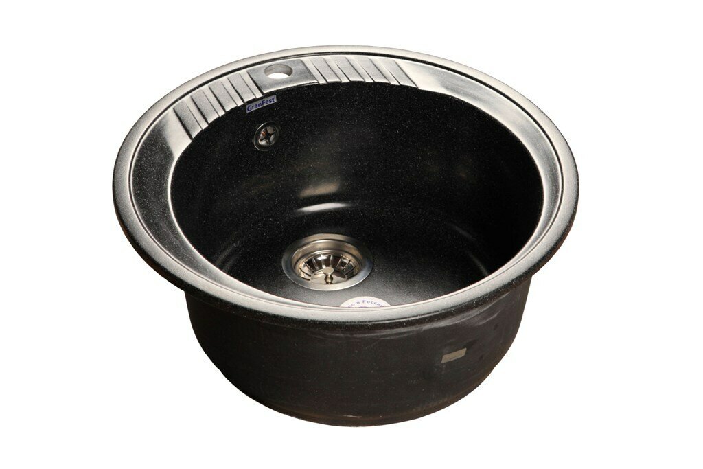 Кухонная мраморная мойка GranFest RONDO GF-R520 (GF-52), круглая, врезная, D-520мм, с переливом, цвет черный/Раковина для кухни