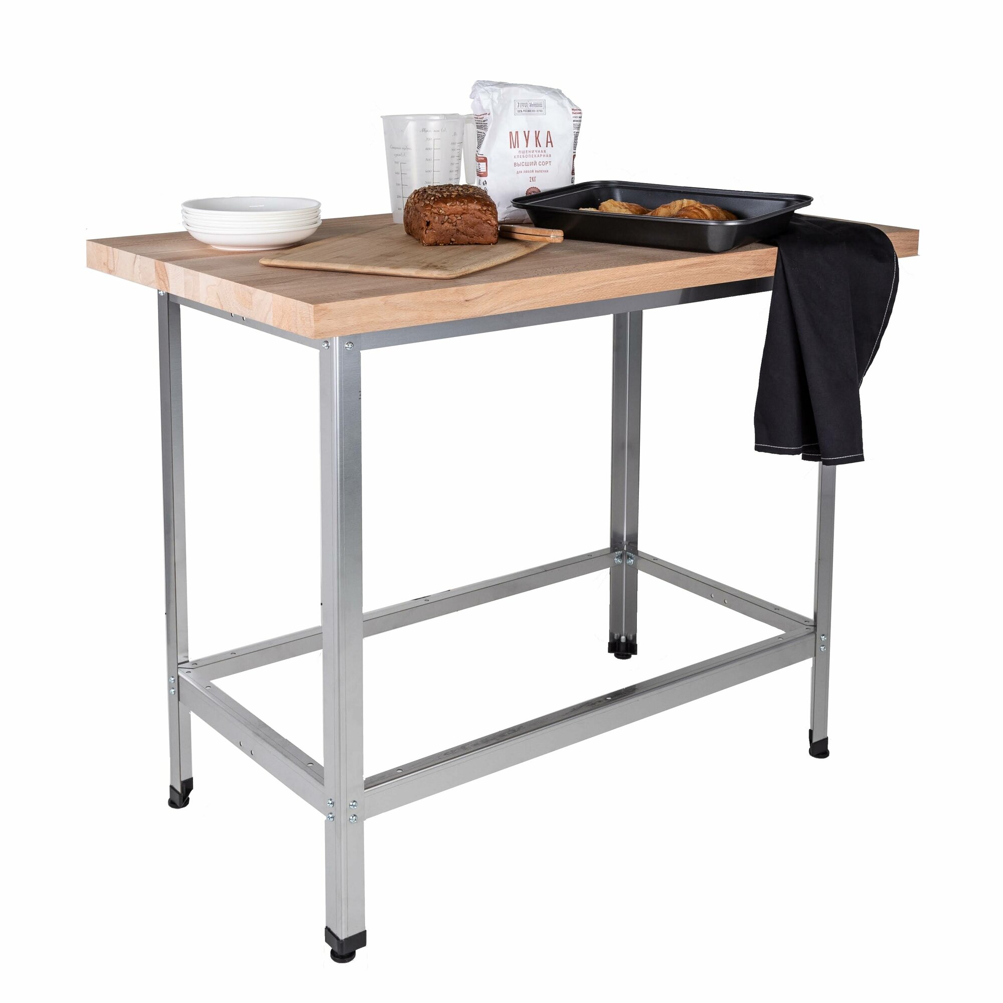 фото Стол Кондитерский 1200х600х850 с обвязкой, буковая столешница, нержавеющая сталь.