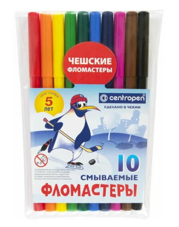 Фломастеры 10 цветов, 1.8 мм Centropen 7790 "Пингвины", пластиковый конверт, смываемые