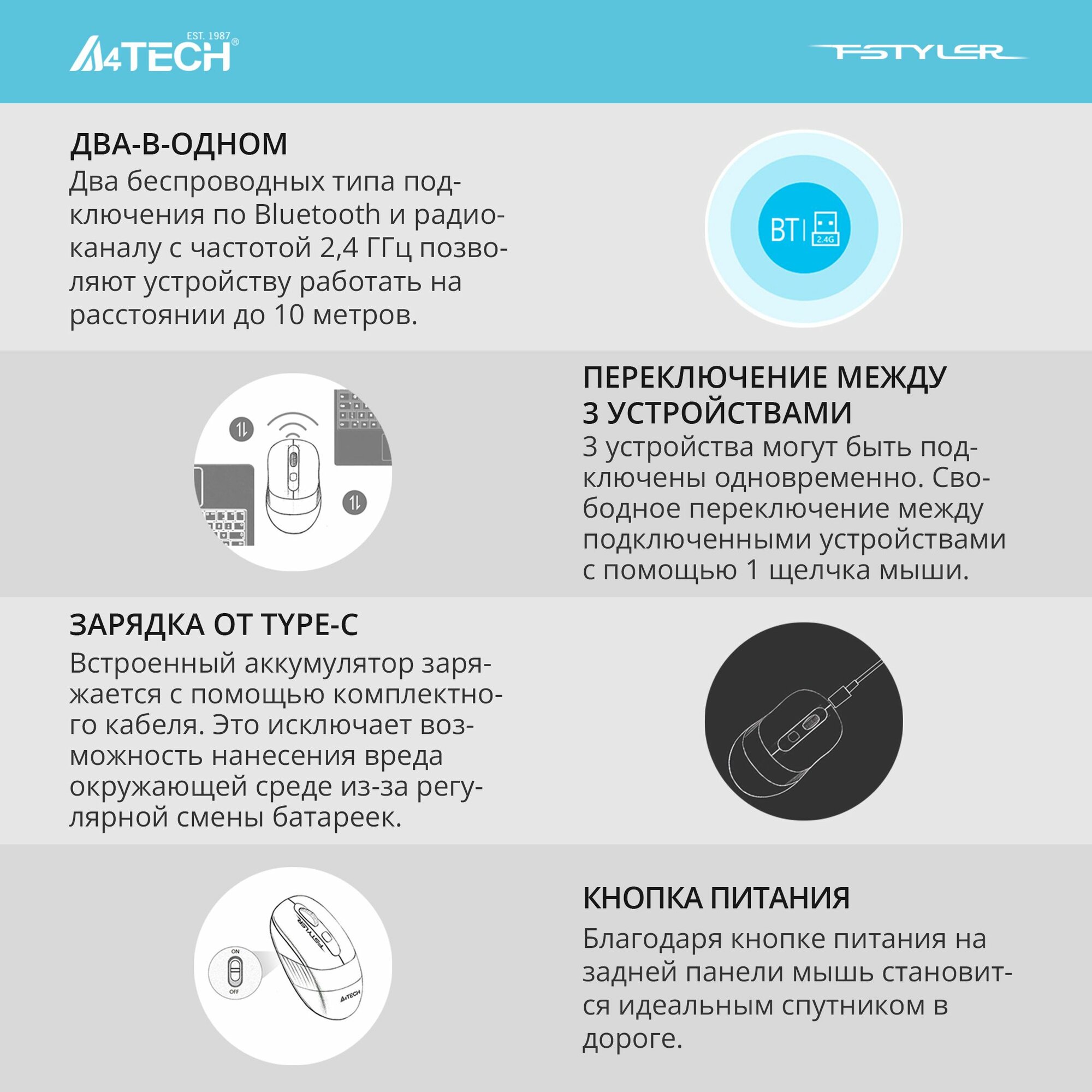 Беспроводная оптическая мышь A4Tech Fstyler FB10C, 2400dpi, 4кнопки , Bluetooth/ 2.4G Radio USB, Type C — фото 1