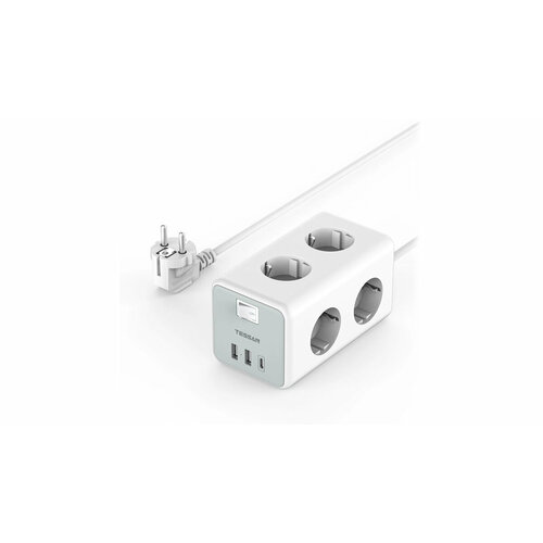 Сетевой фильтр TESSAN TS-306-C Grey с 6 розетками 220В, 2 USB и 1 USB-C портами